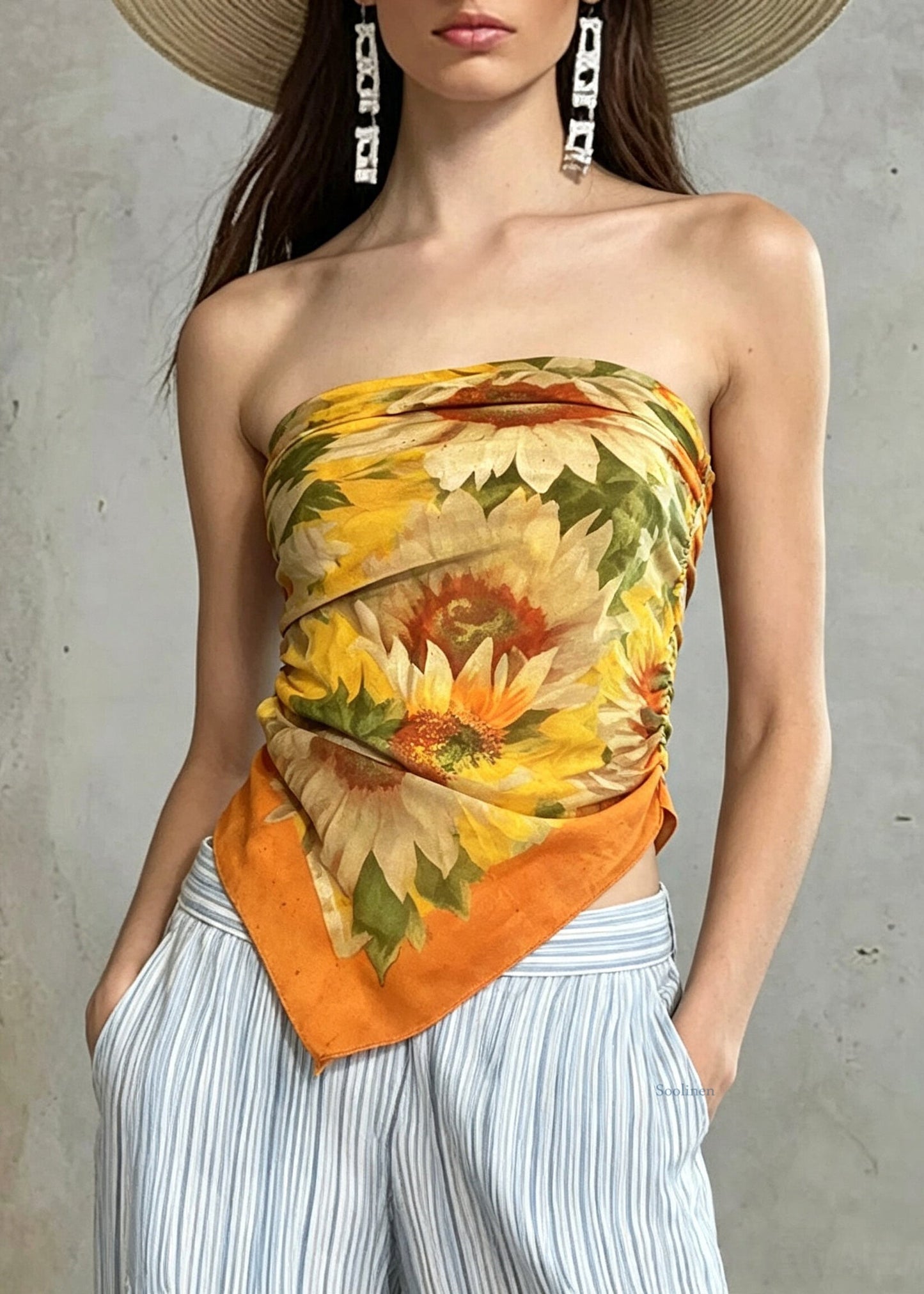 Bohemian Orange Cold Shoulder Print Vest Sleeveless