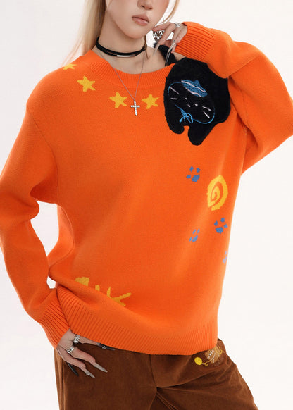 Bohème-Orangefarbener, bestickter Strickpullover mit Cut-Out-Schultern für den Winter