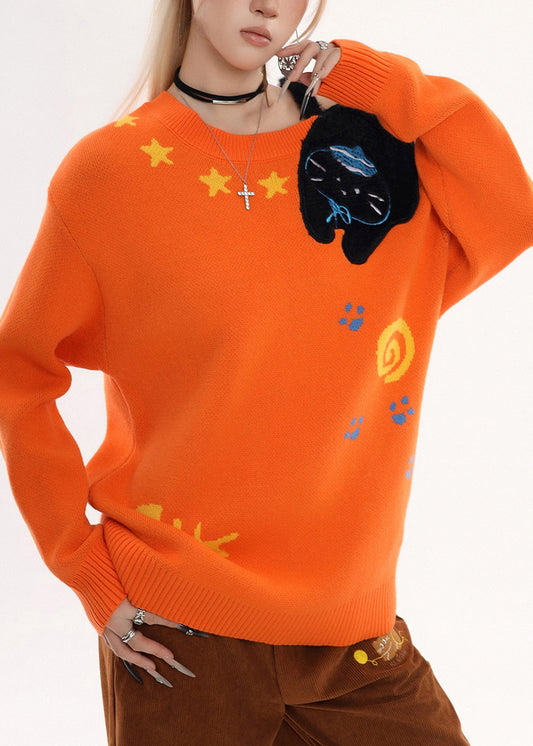 Suéter de punto con hombros descubiertos y bordado naranja bohemio para invierno