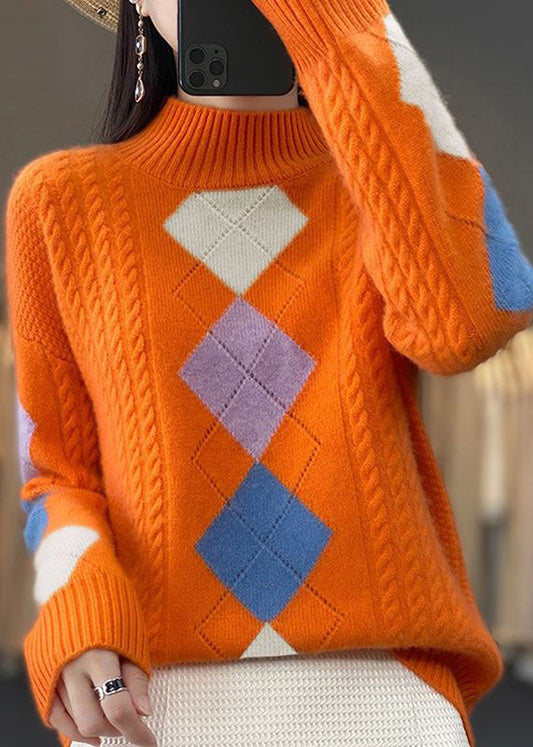 Bohemian Orange High Neck Print Grobstrickpullover Tops Winter