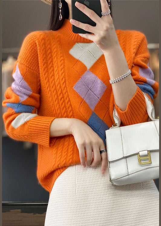 Bohemian Orange High Neck Print Grobstrickpullover Tops Winter