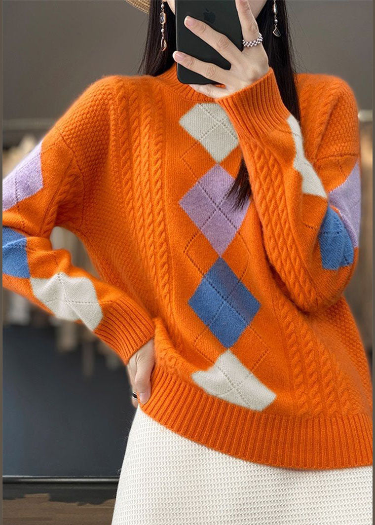 Bohemian Orange High Neck Print Grobstrickpullover Tops Winter