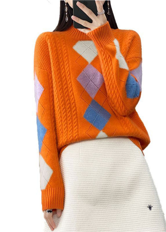 Bohemian Orange High Neck Print Grobstrickpullover Tops Winter