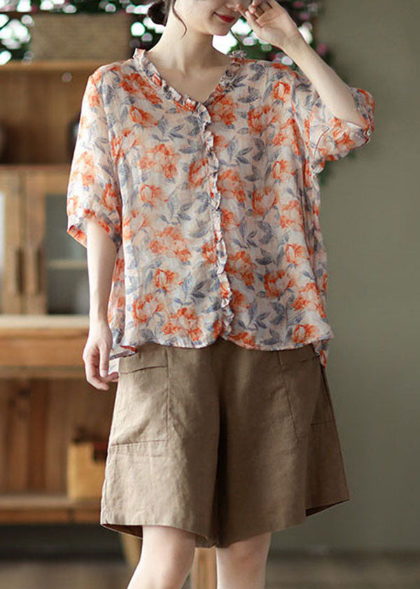 Blusas de lino con estampado de patchwork y volantes en color naranja bohemio para verano