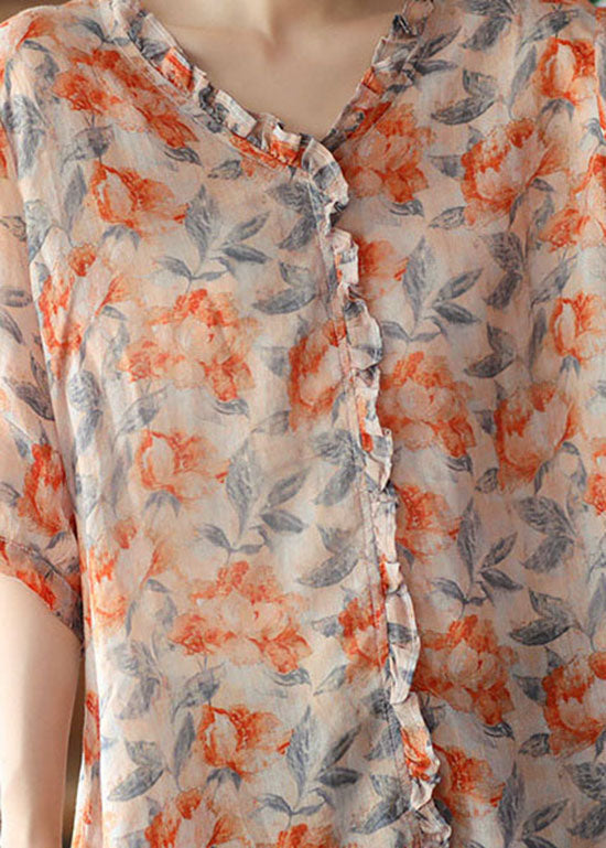 Blusas de lino con estampado de patchwork y volantes en color naranja bohemio para verano