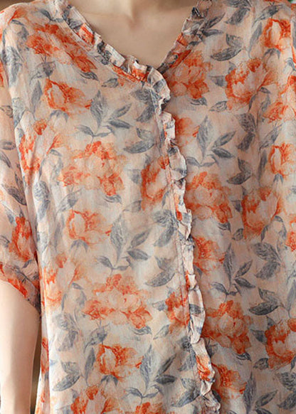 Blusas de lino con estampado de patchwork y volantes en color naranja bohemio para verano