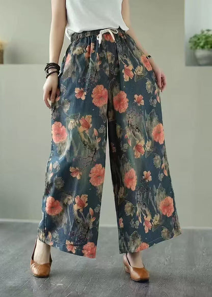 Bohemian Oversized Floral Print Denim Wide Leg Pants Summer