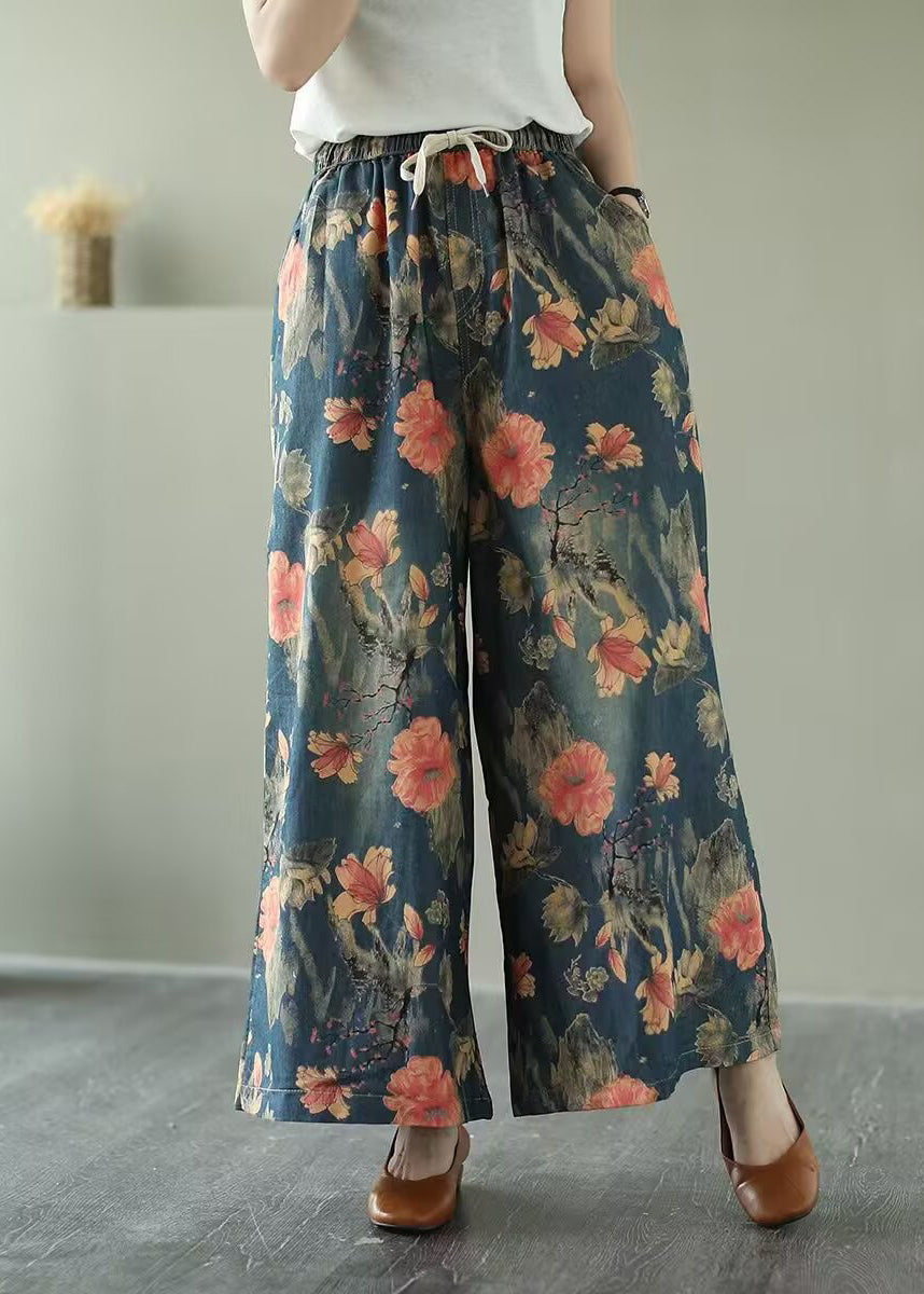 Bohemian Oversized Floral Print Denim Wide Leg Pants Summer