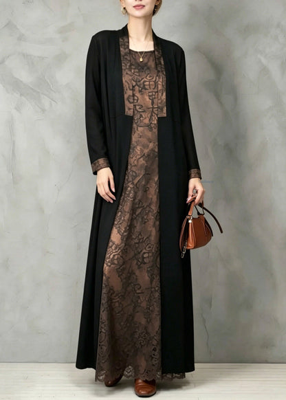 Bohemian Patchwork Print Waistcoat And Long Dress Two Pieces Set Fall
