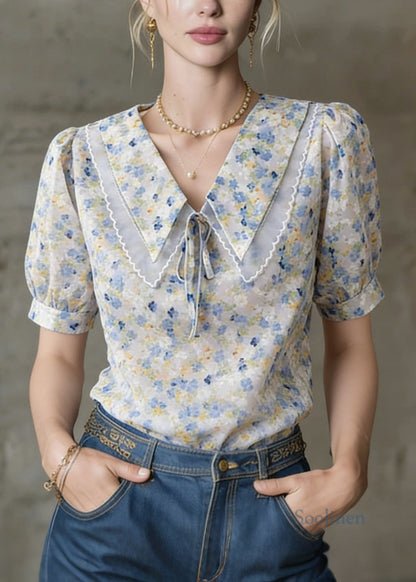 Bohemian Peter Pan Collar Puff Sleeve Print Tops Summer