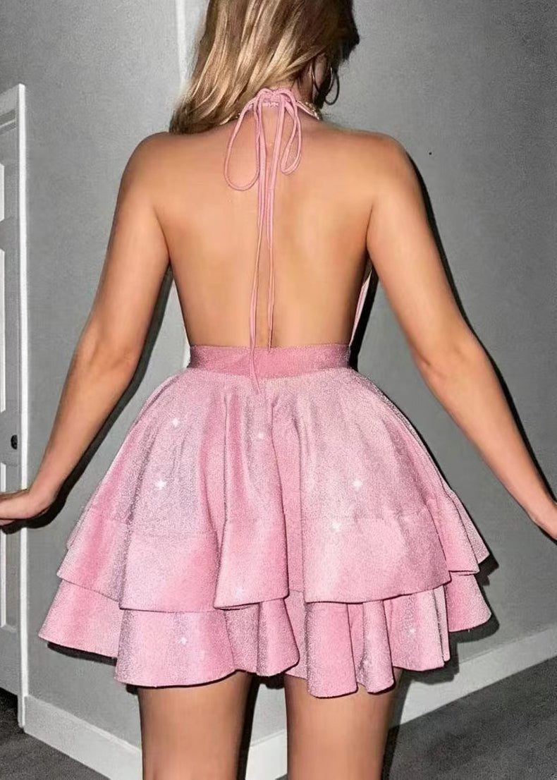 Bohemian Pink Halter Backless Layered Mini Dress Summer