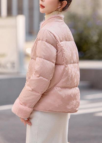 Abrigos de invierno de plumón de pato con cuello mandarín rosa bohemio y patchwork de pelo de visón