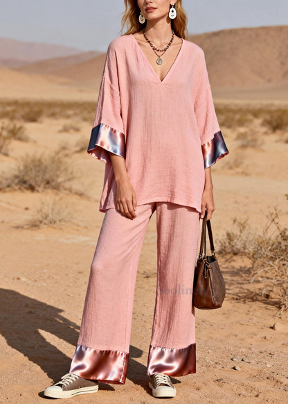 Bohemian Pink Oversized Patchwork Silk Cotton Two-Piece Set Spring