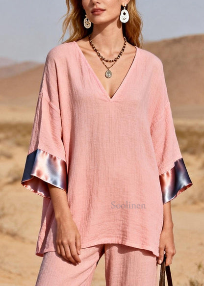 Bohemian Pink Oversized Patchwork Silk Cotton Two-Piece Set Spring