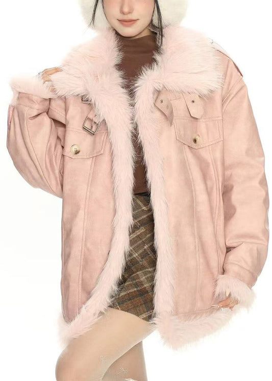 Abrigo de piel sintética cálido con patchwork extragrande de color rosa bohemio para invierno