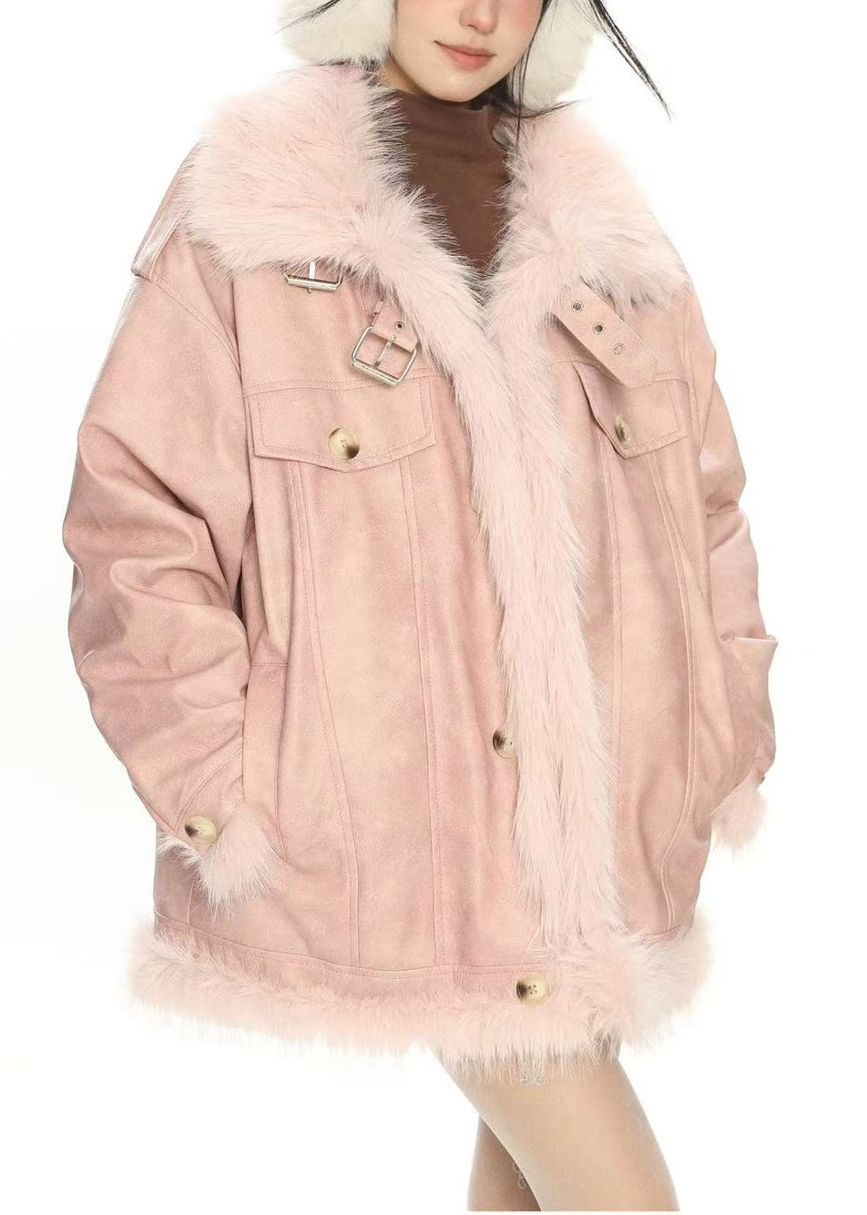 Boho-Pinker Oversize-Patchworkmantel aus warmem Kunstleder für den Winter