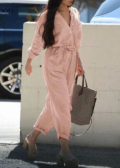 Bohemian Pink Peter Pan Collar Pockets Tunic Jumpsuit Fall