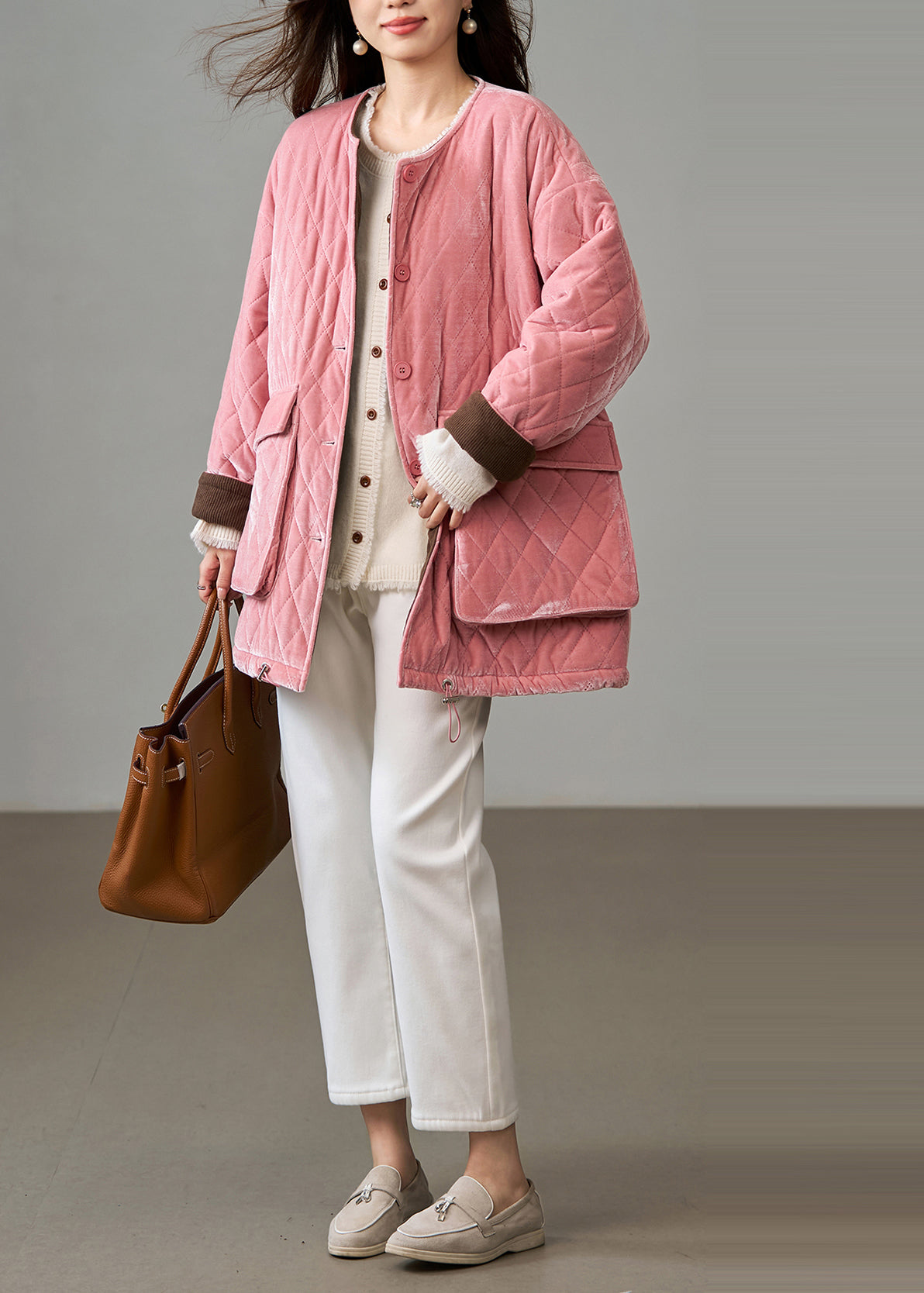 Bohemian Pink Plaid Fine Cotton Filled Silk Velvet Jackets Winter