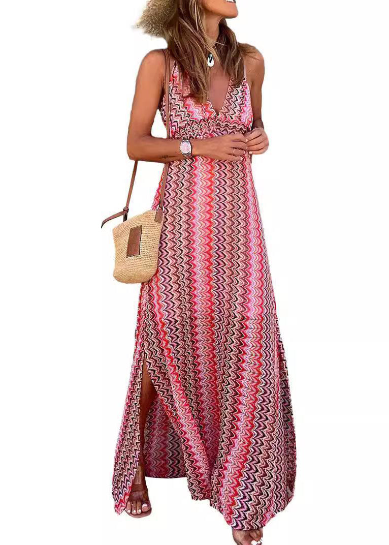 Bohemian Pink Print Side Open Long Dress Summer