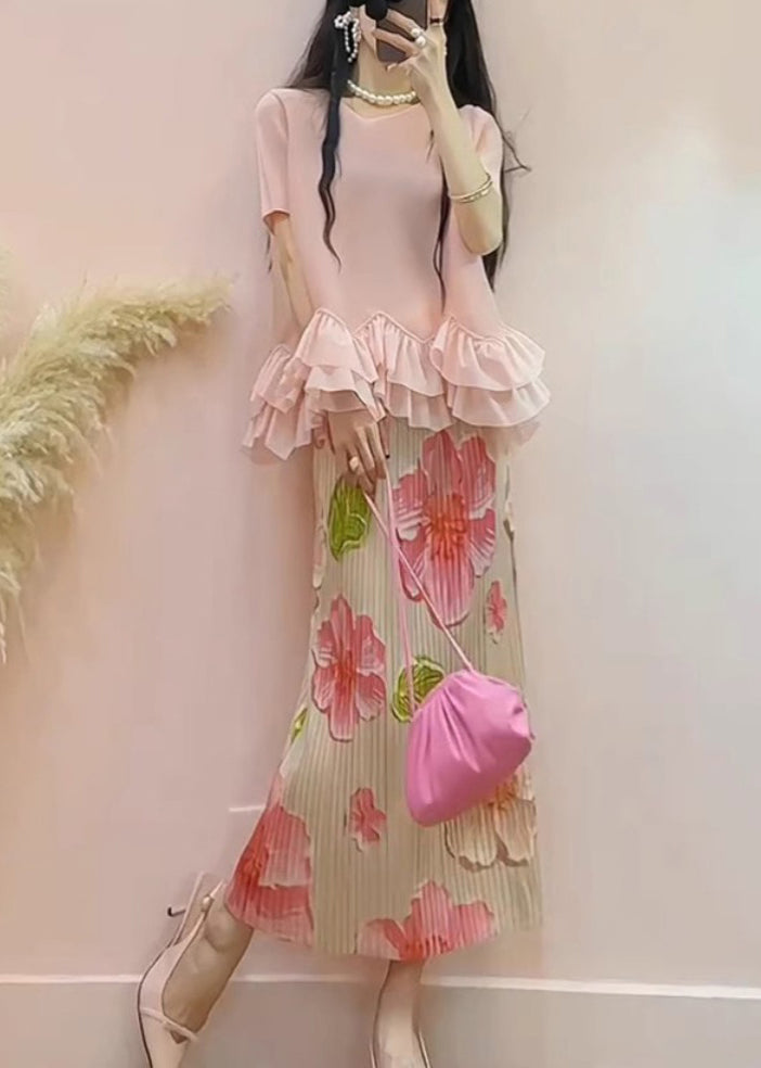 Conjunto de dos piezas de jacquard de seda con volantes en rosa bohemio para verano