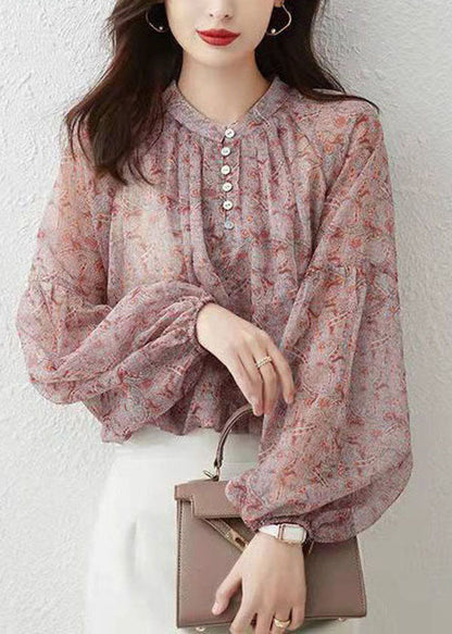 Bohemian Rosa Stehkragen Print Chiffon Shirt Top Laterne Ärmel