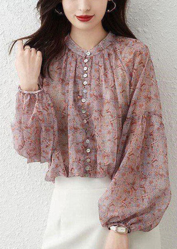 Bohemian Rosa Stehkragen Print Chiffon Shirt Top Laterne Ärmel