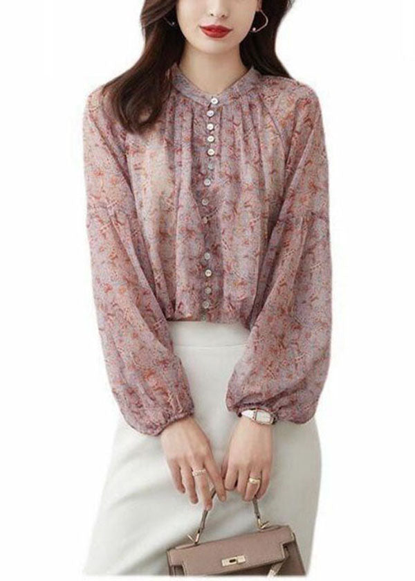 Bohemian Rosa Stehkragen Print Chiffon Shirt Top Laterne Ärmel