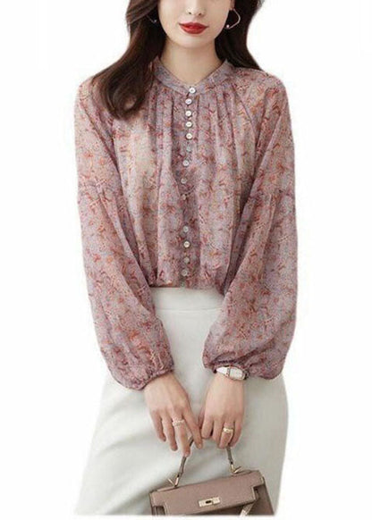 Bohemian Rosa Stehkragen Print Chiffon Shirt Top Laterne Ärmel