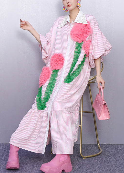 Vestidos bohemios de algodón con rayas rosas y flores decoradas con mangas abullonadas
