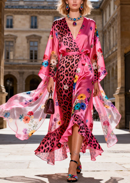 Bohemian Pink Tie Waist Print Chiffon Maxi Dresses Summer