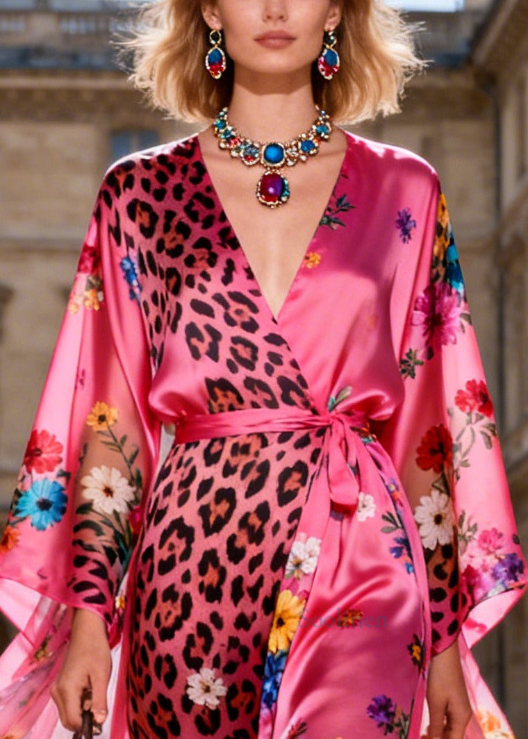 Bohemian Pink Tie Waist Print Chiffon Maxi Dresses Summer