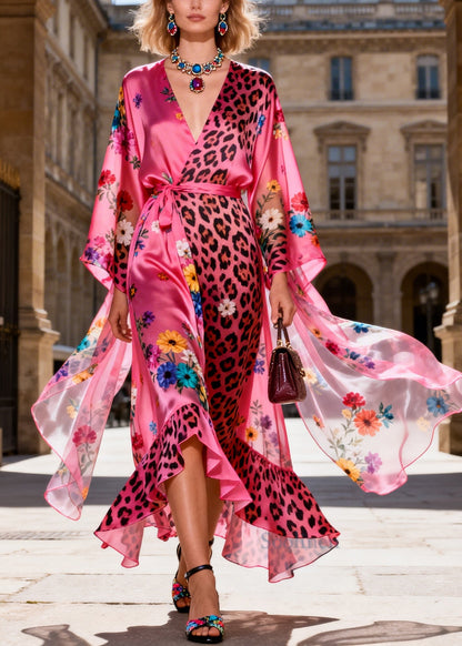 Bohemian Pink Tie Waist Print Chiffon Maxi Dresses Summer