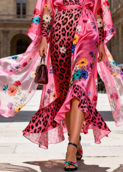 Bohemian Pink Tie Waist Print Chiffon Maxi Dresses Summer