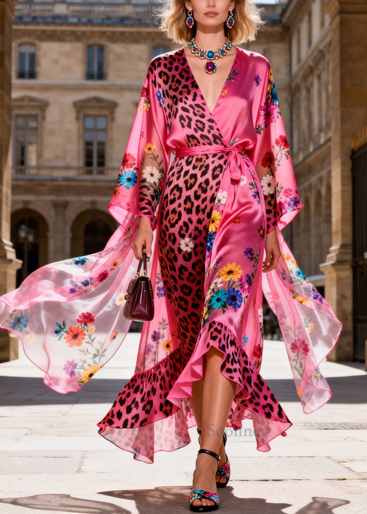 Bohemian Pink Tie Waist Print Chiffon Maxi Dresses Summer
