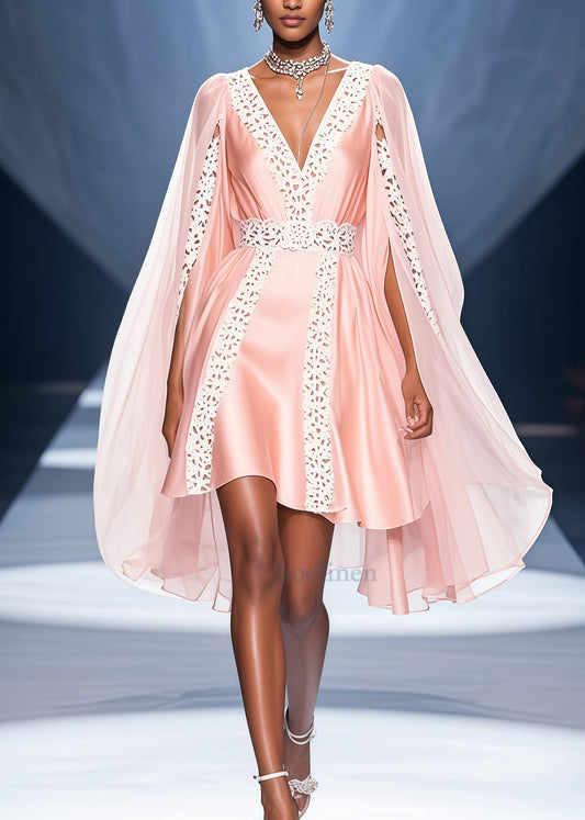 Bohemian Pink V Neck Lace Patchwork Cloak Silk Party Dress Summer