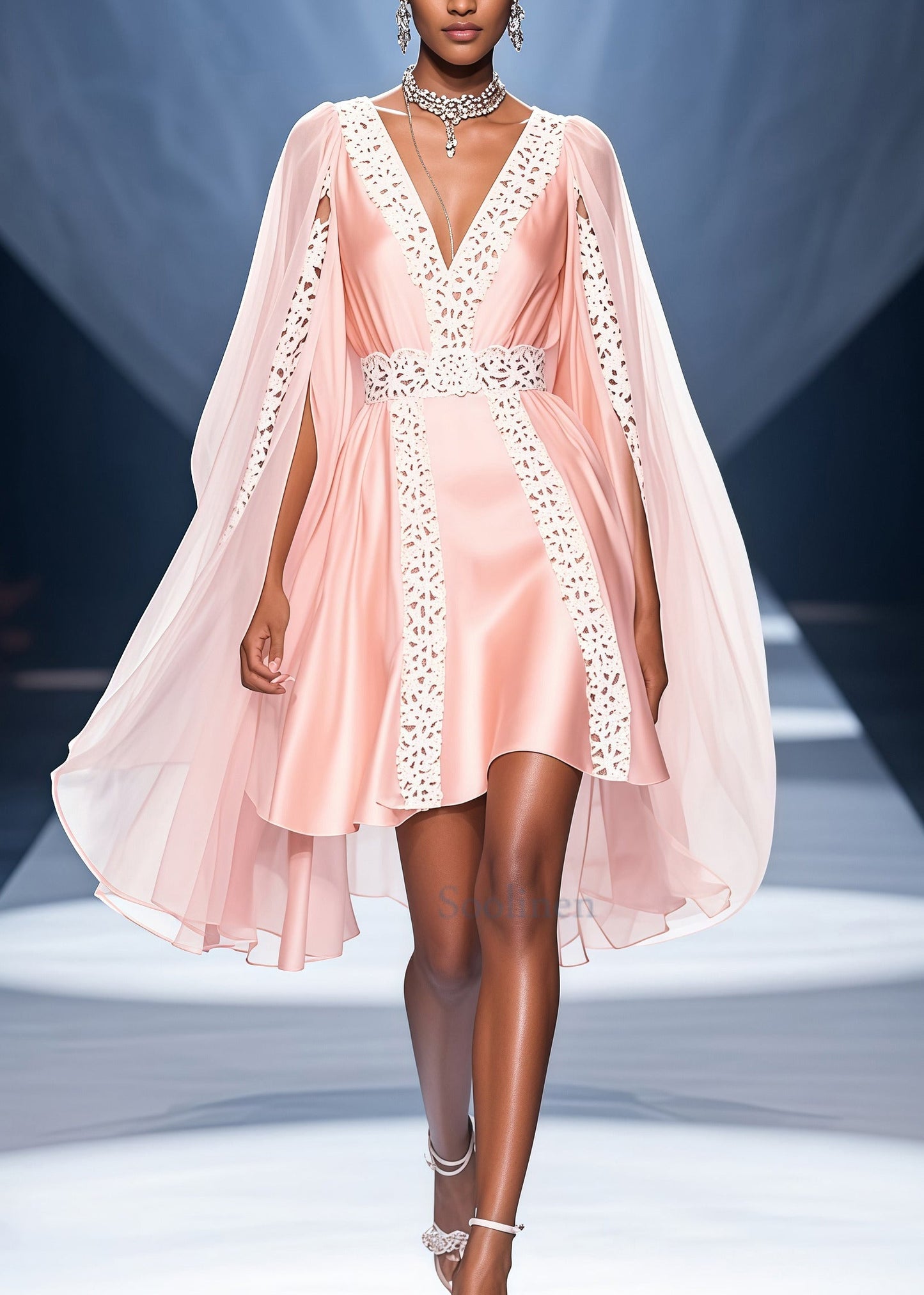 Bohemian Pink V Neck Lace Patchwork Cloak Silk Party Dress Summer