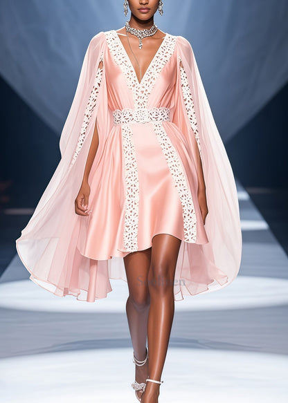 Bohemian Pink V Neck Lace Patchwork Cloak Silk Party Dress Summer