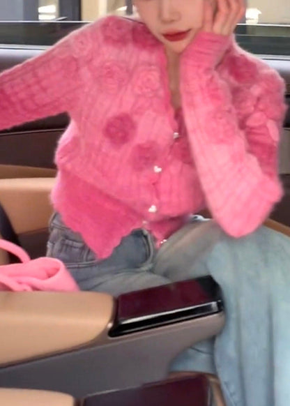 Bohemian Pink V Neck Stereoscopic Floral Knit Cardigan Long Sleeve