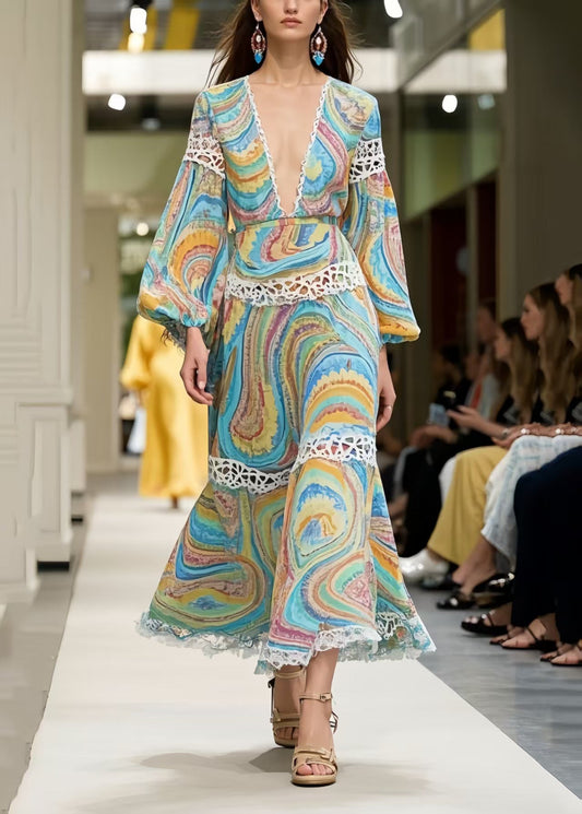 Bohemian Print Patchwork Lace Long Dress Spring