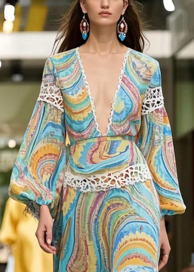 Bohemian Print Patchwork Lace Long Dress Spring