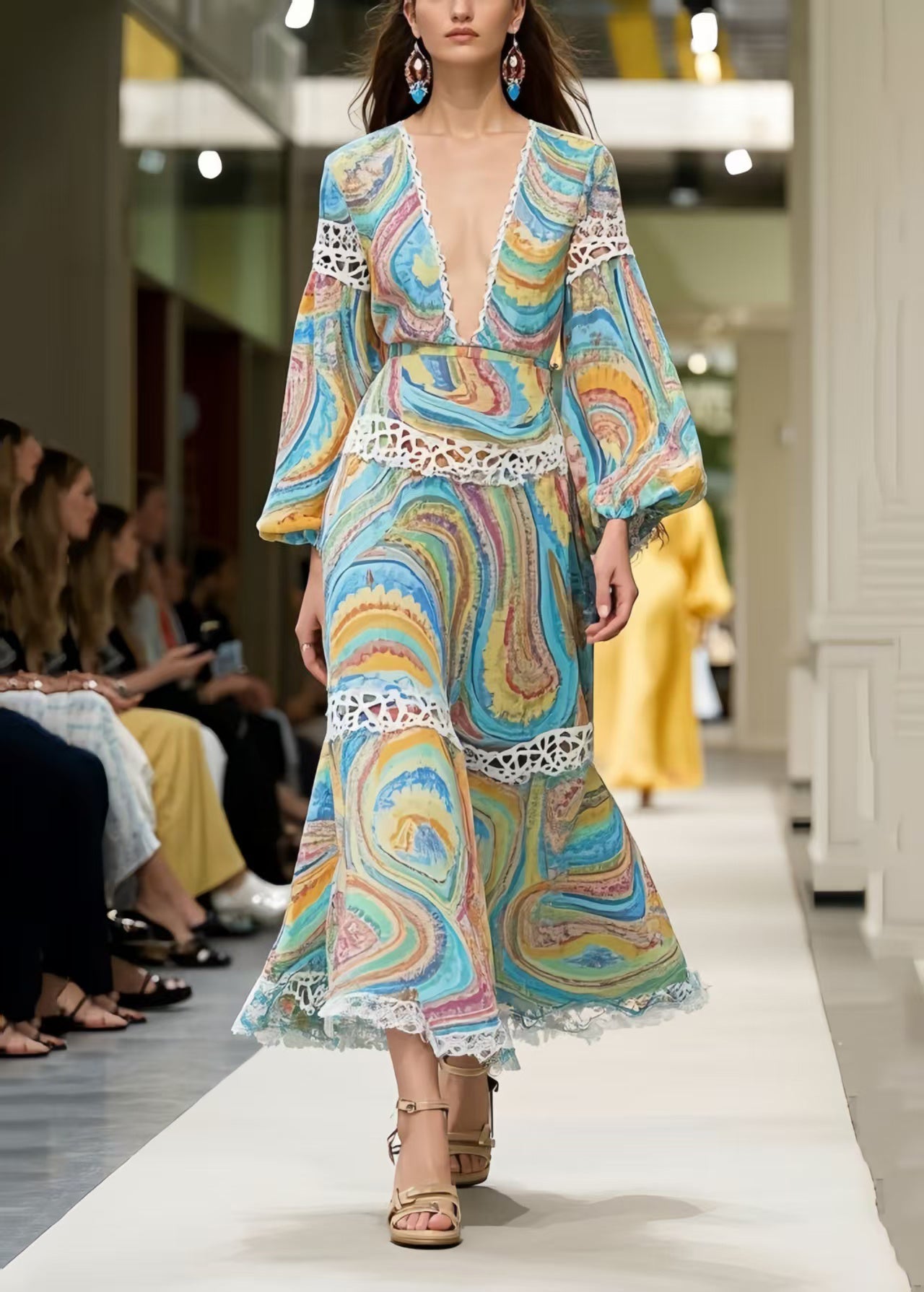 Bohemian Print Patchwork Lace Long Dress Spring