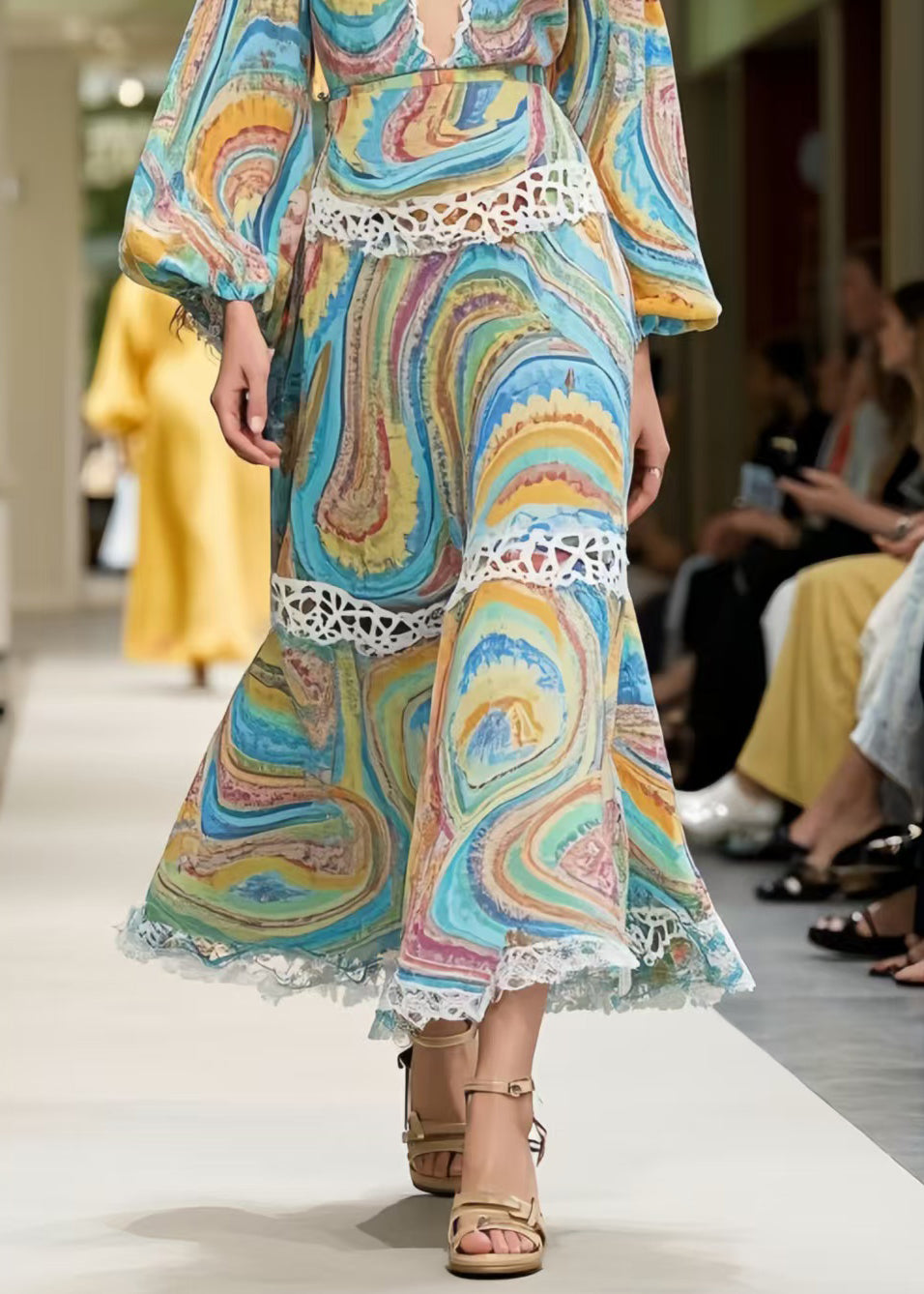 Bohemian Print Patchwork Lace Long Dress Spring