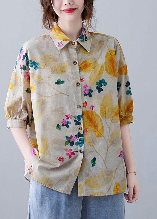 Bohemian Print Peter Pan Collar Button Cotton Top Summer - SooLinen