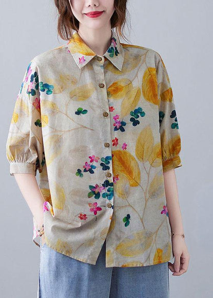 Bohemian Print Peter Pan Collar Button Cotton Top Summer - SooLinen