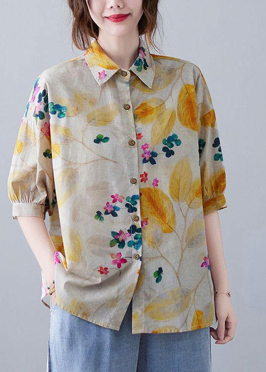 Bohemian Print Peter Pan Collar Button Cotton Top Summer - SooLinen