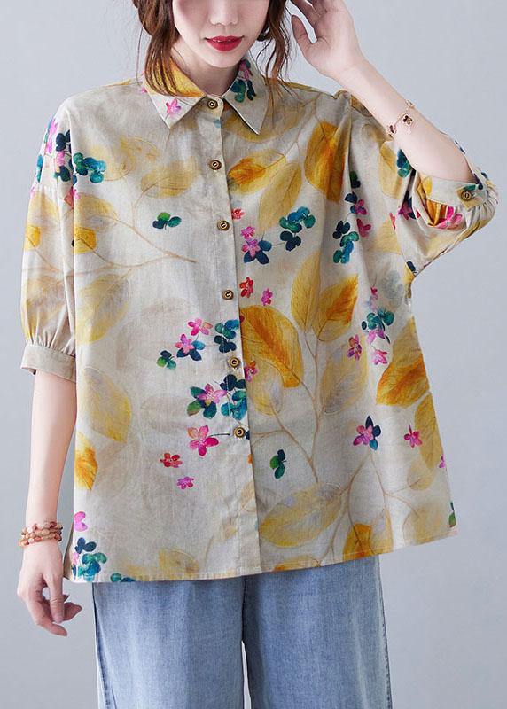 Bohemian Print Peter Pan Collar Button Cotton Top Summer - SooLinen