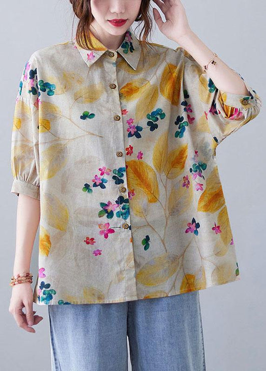 Bohemian Print Peter Pan Collar Button Cotton Top Summer - SooLinen