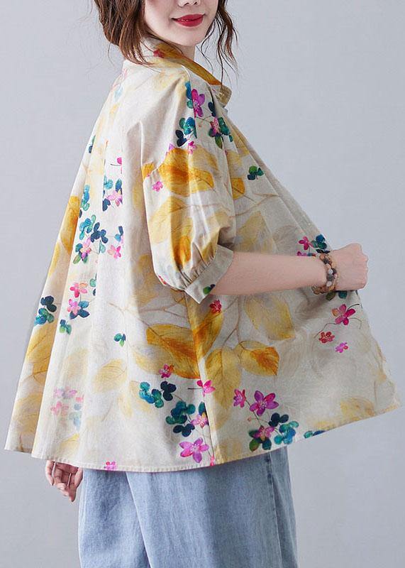 Bohemian Print Peter Pan Collar Button Cotton Top Summer - SooLinen