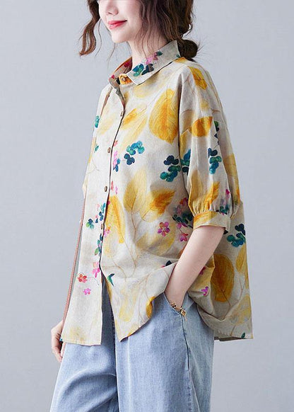 Bohemian Print Peter Pan Collar Button Cotton Top Summer - SooLinen