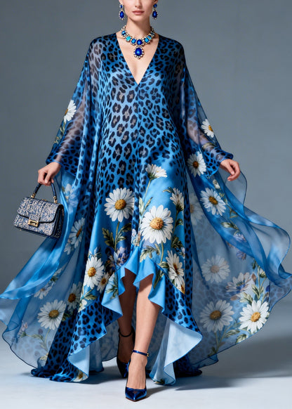Bohemian Print Ruffled Asymmetrical Design Patchwork Silk Dresses Summer